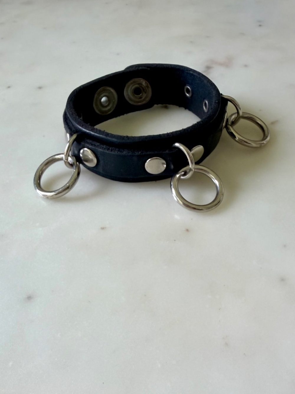 Ape Black Leather 3 Ring Wristband, Punk Goth